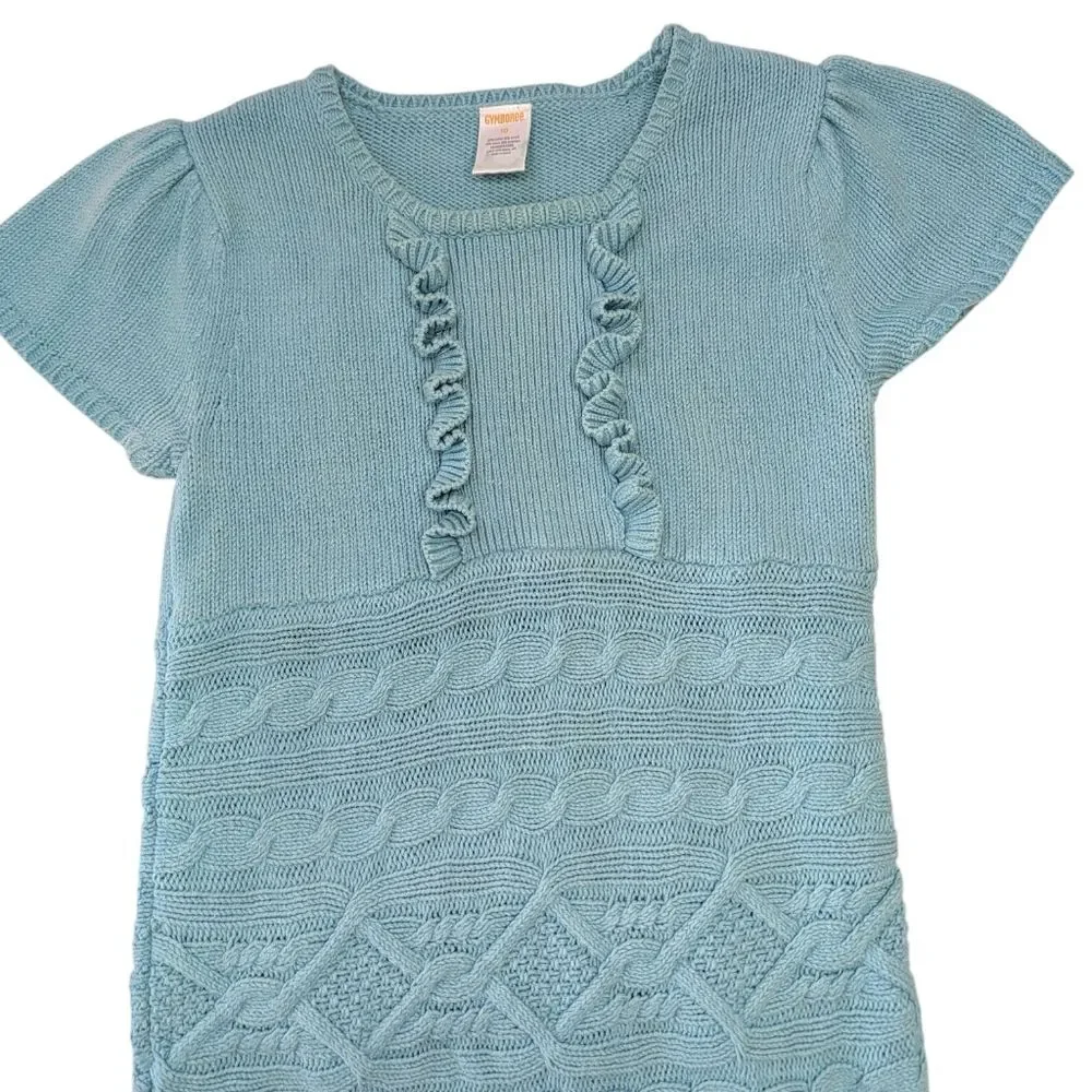 Gymboree Cable Knit Sweater Dress Girls Size 10 Aqua Blue Short Sleeve Ruffle